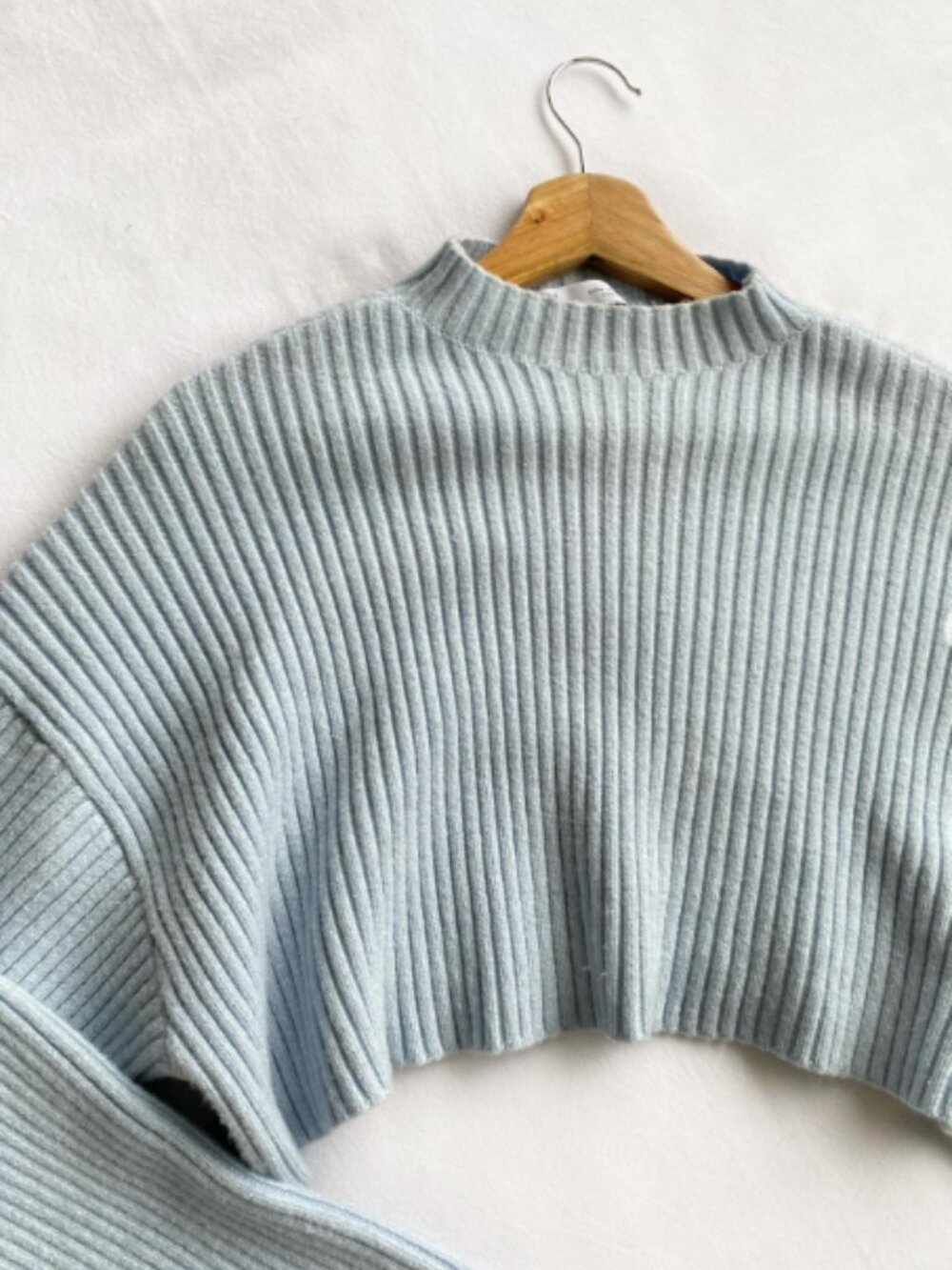 Zara Cropped Ribbed Mock Neck Sweater - Light Blue, Size S